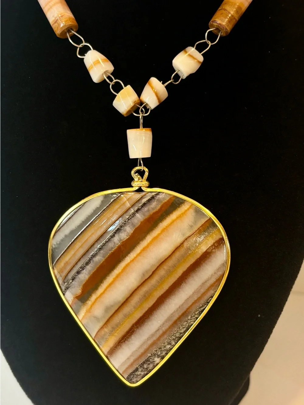 Vintage Banded Agate Pendant Necklace Natural Stone Statement 26”